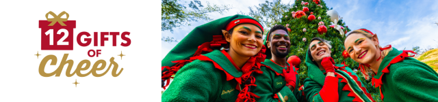 Image reads "12 GIFTS OF CHEER" with elves posing in front of a christmas tree