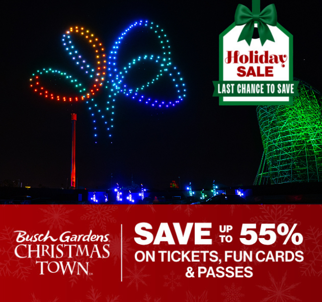 An image of the Busch Gardens Coaster Tree displayed in the sky by colorful light drones with the Holiday Sale message below that reads "SAVE UP TO 55% ON TICKETS, FUN CARDS & PASSES"