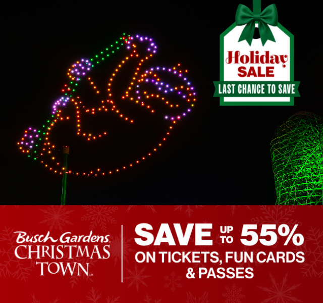 An image of a purple and orange sloth displayed in colorful drone lights with the Holiday Sale message below that reads "SAVE UP TO 55% ON TICKETS, FUN CARDS & PASSES"