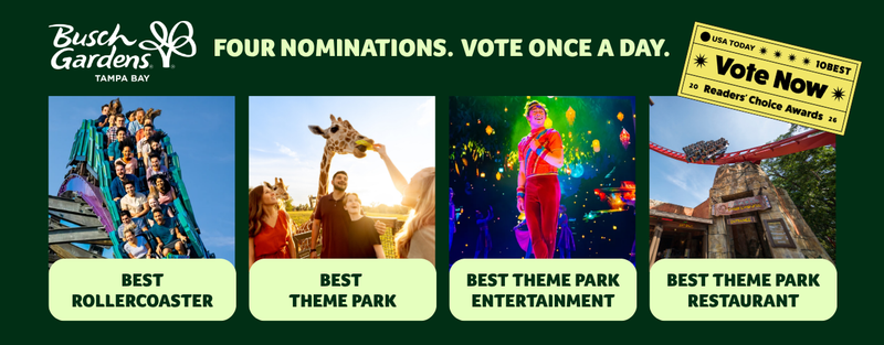 An image that shows the roller coaster Iron Gwazi, a family feeding a giraffe on the Serengeti Safari, a show performer from the Rhythm of Nature, and the Zambia Smokehouse Restaurant 