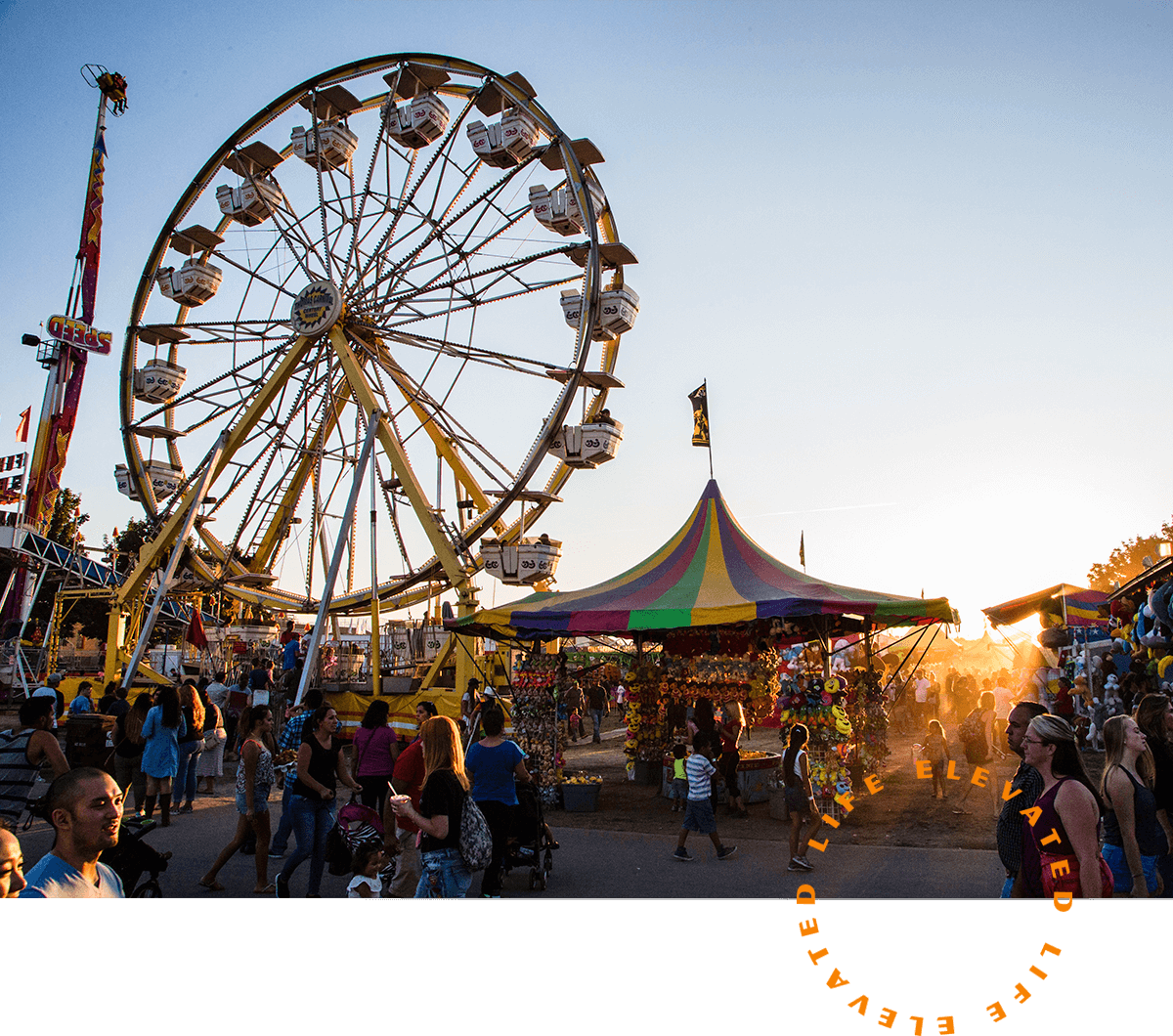 a crowd of people walking around a carnival with a ferris wheel