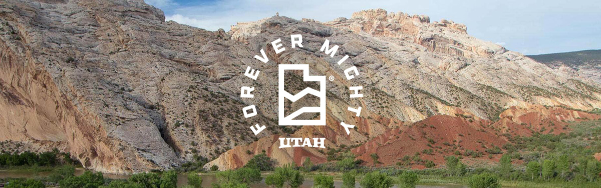 a mountain with a logo saying forever mighty in front of it