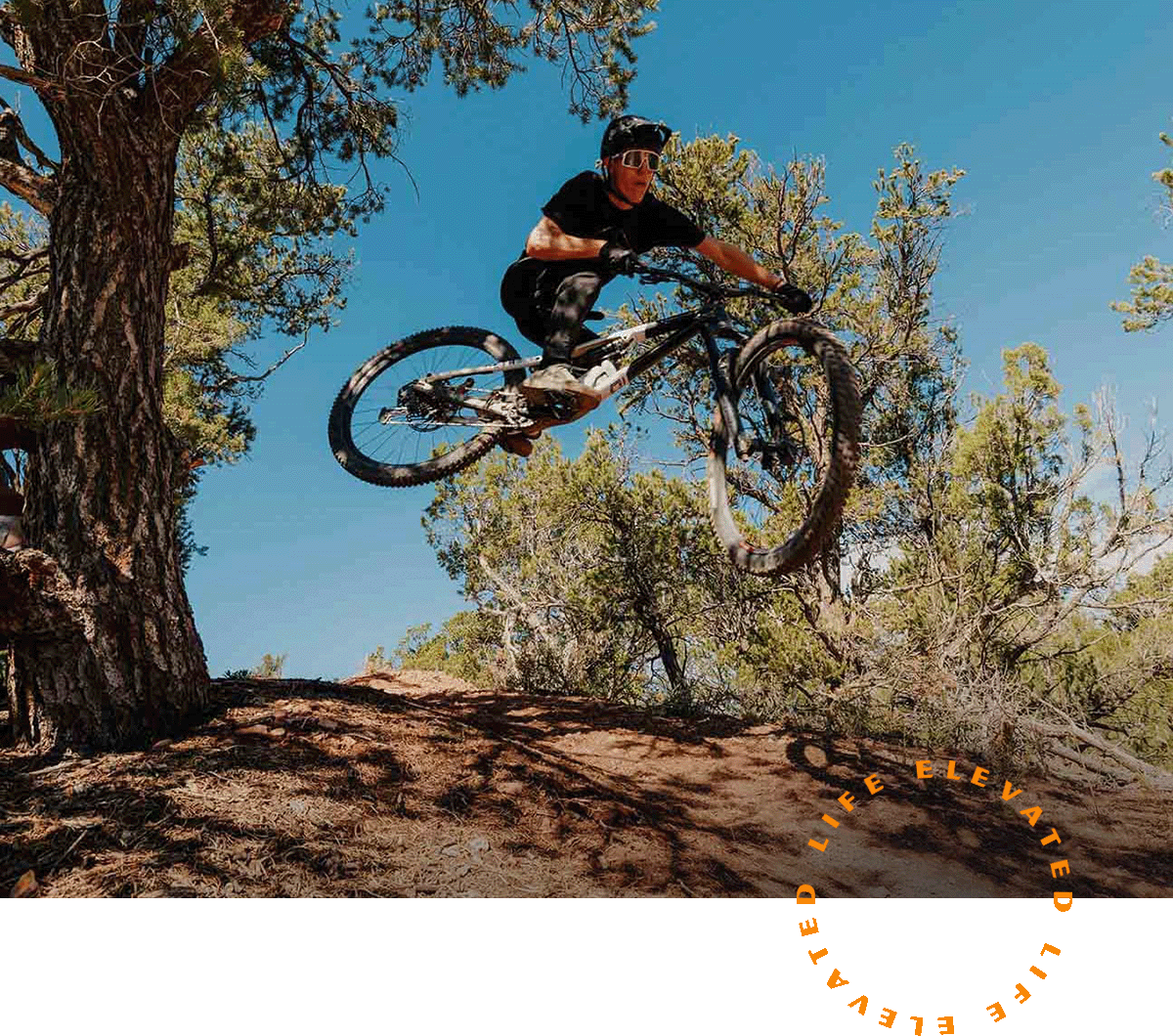 A person on a bike jumping in the air while going downhill.