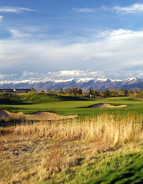 A landscape image of a grassy golf course with snow covered mountains in the background.