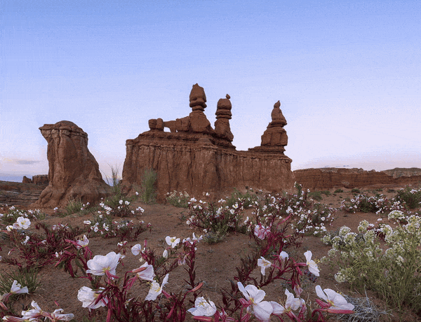 a rock formation against a blue sky that transitions to a starry sky
