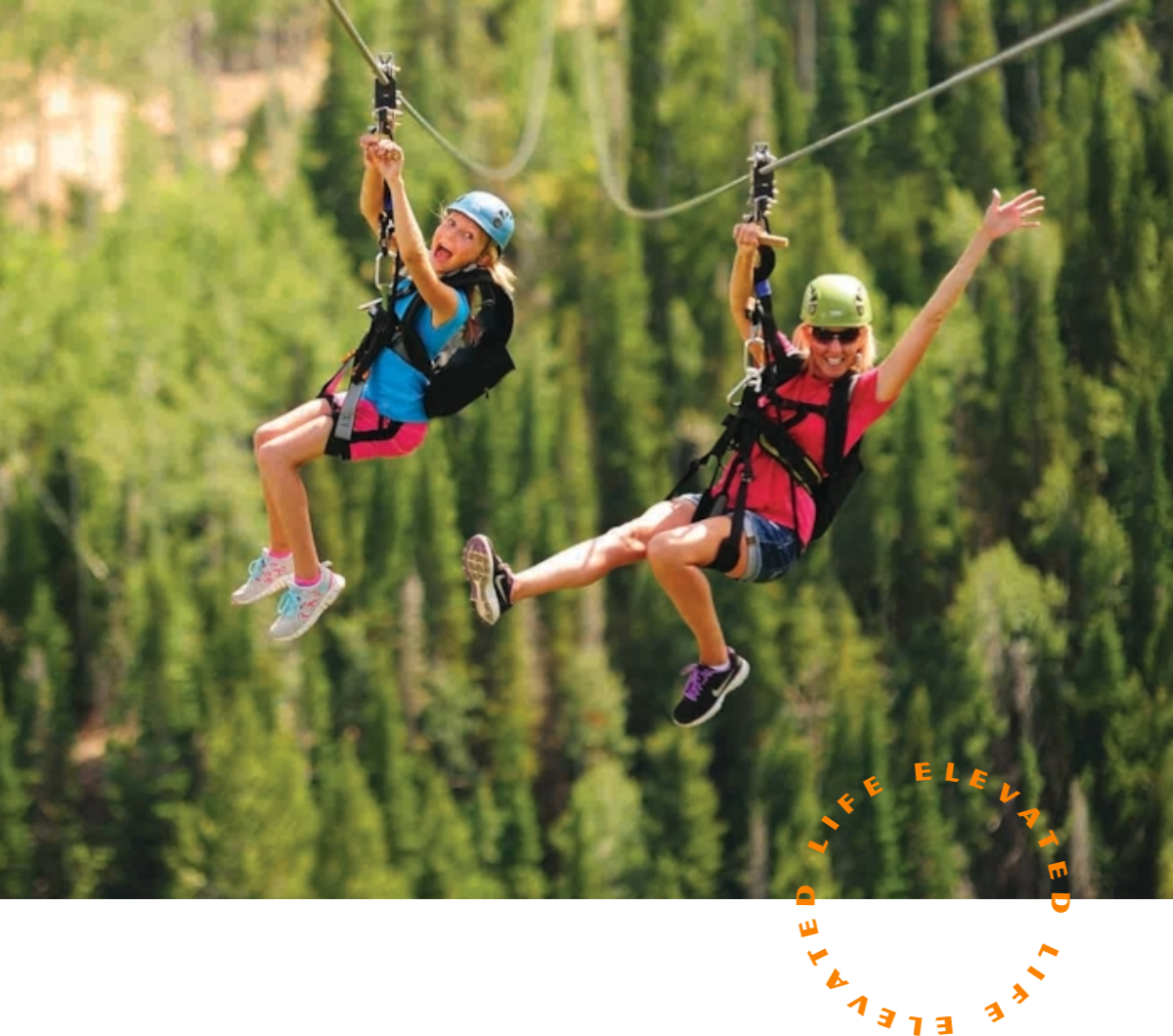two people are zipping through the trees