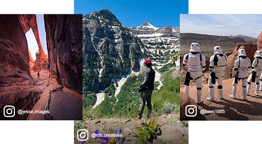 three pictures of people standing in front of mountains