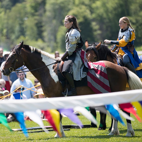 People on horses dressed as knights joust outdoors in the summer.  