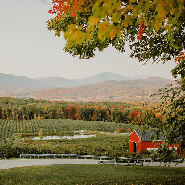 A red barn on a dirt road on a fall day with mountains visible behind. 