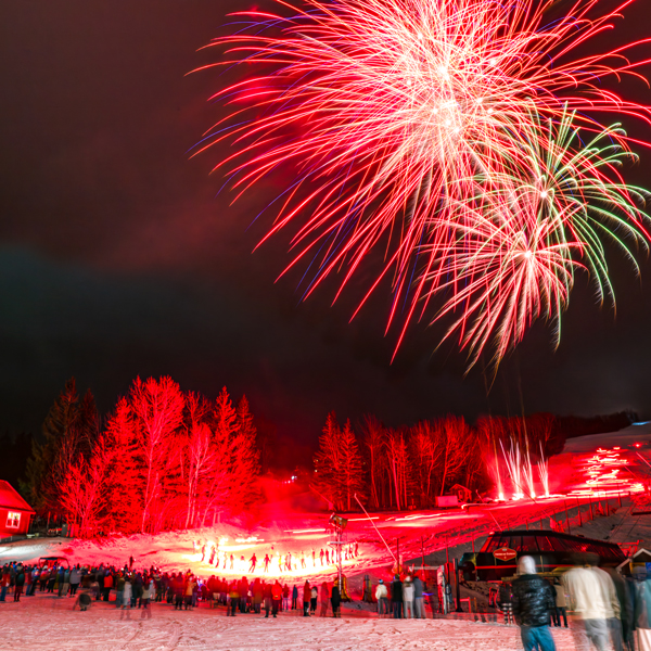 People gather in the snow on a winter night, admiring vibrant fireworks as they illuminate the dark sky.