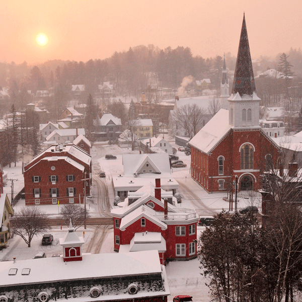 A historic downtown seen from above in winter.
