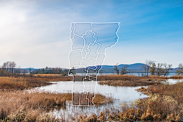 A wetland scene with grass and water, overlaid with a white outline map of Vermont, beneath a clear blue sky.