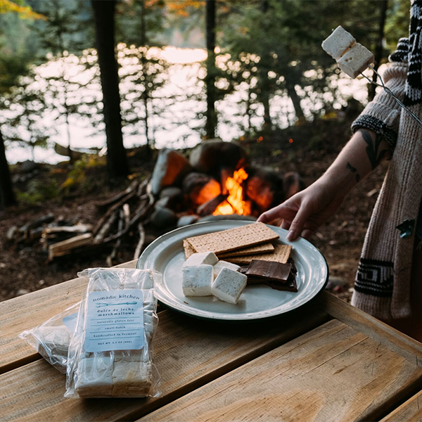 A hand holds a plate with s’mores ingredients—marshmallows, chocolate, graham crackers near a campfire. A peaceful forest and lake are in the background.