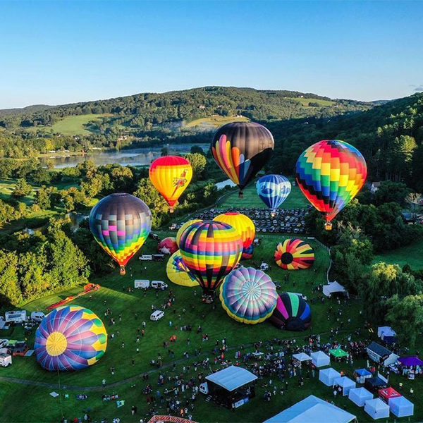 Colorful hot air balloons rise above a mountainous landscape in summer, seen from above.