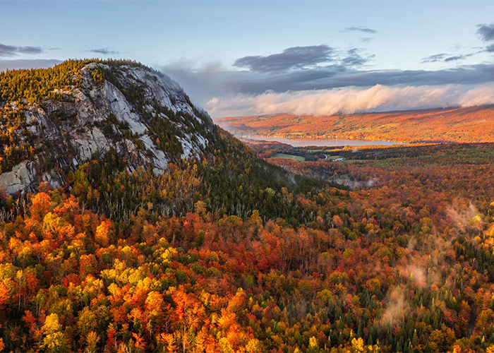 A mountain covered in trees with red, orange, and yellow fall foliage visible all over, seen from above.