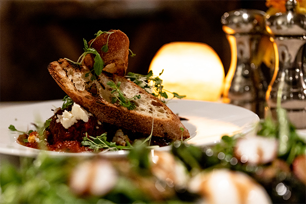 Two slices of bread laid artfully on a plate with garnishes seen from the side.  