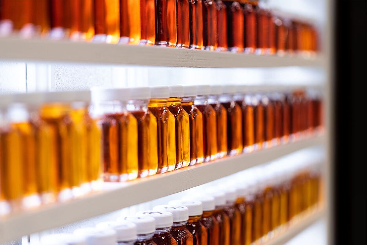 Rows of glass bottles on shelves in front of a window containing different colors of Vermont maple syrup. 