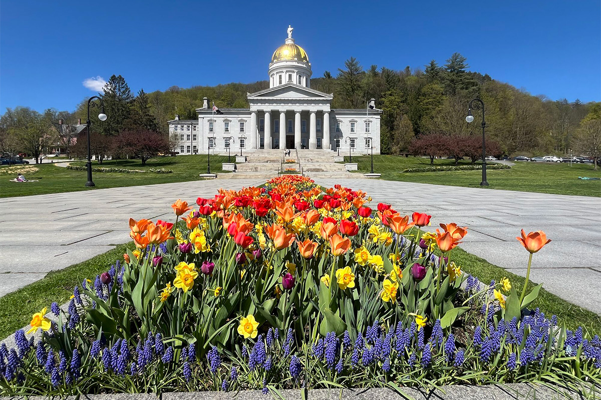 A legislative building with a bright gold dome seen from exterior on a sunny spring day with colorful tulips blooming in front.&nbsp;