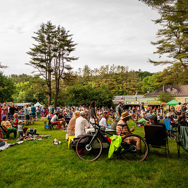 People gather outside at a music festival on a grassy lawn.&nbsp;