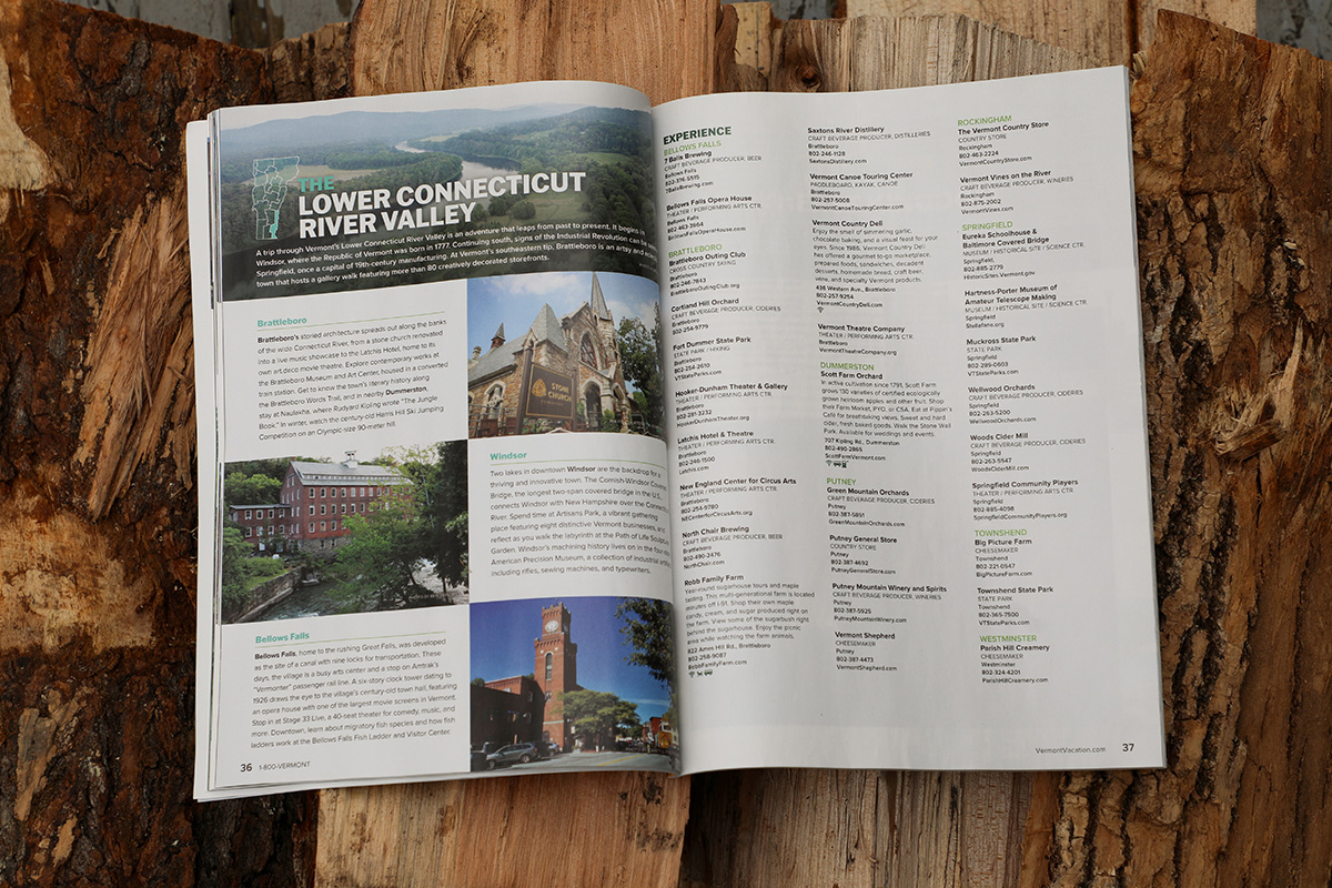 Open Vermont Inspiration travel guide showing travel information and photos.