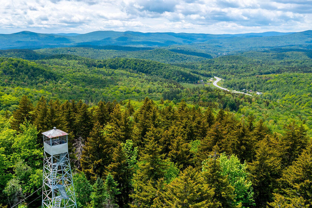 Seen from above, a fire tower in a dense forest with mountains visible around on a sunny summer day.&nbsp;