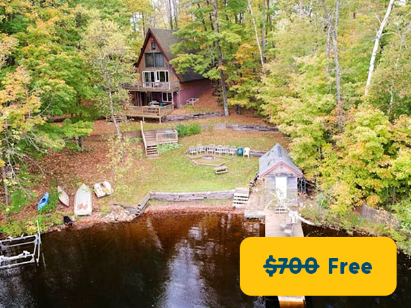 View of a lakeside cabin.