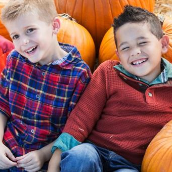 two little boys sitting around some pumpkins