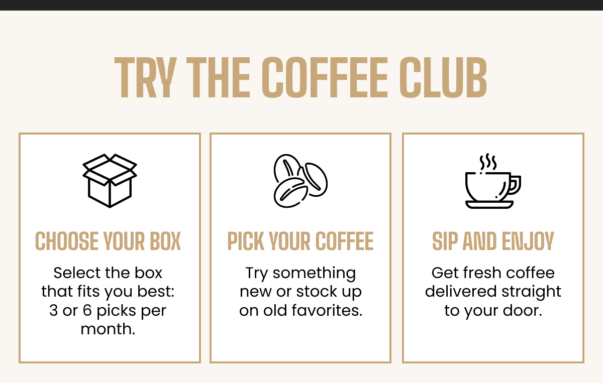 Coffee Club in 3 steps: choose your box, pick your coffee, enjoy doorstep delivery.
