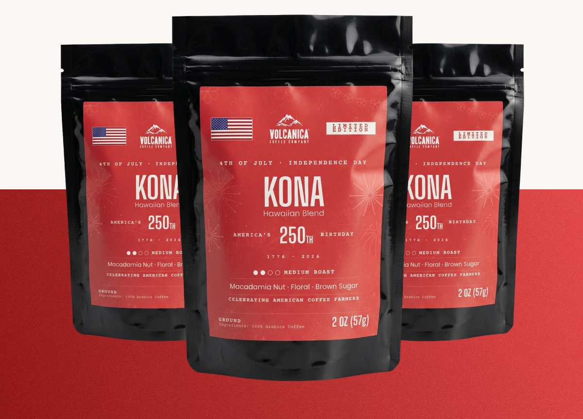 Volcanica limited edition Kona Hawaiian Blend — medium roast, macadamia nut & floral. Celebrating America's 250th.
