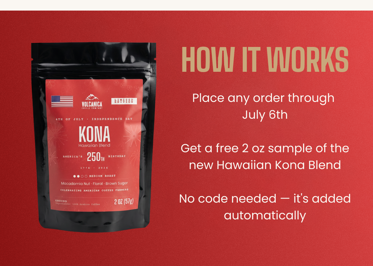 How it works: order by July 6th, get a free 2 oz Hawaiian Kona Blend sample — no code needed, added automatically.