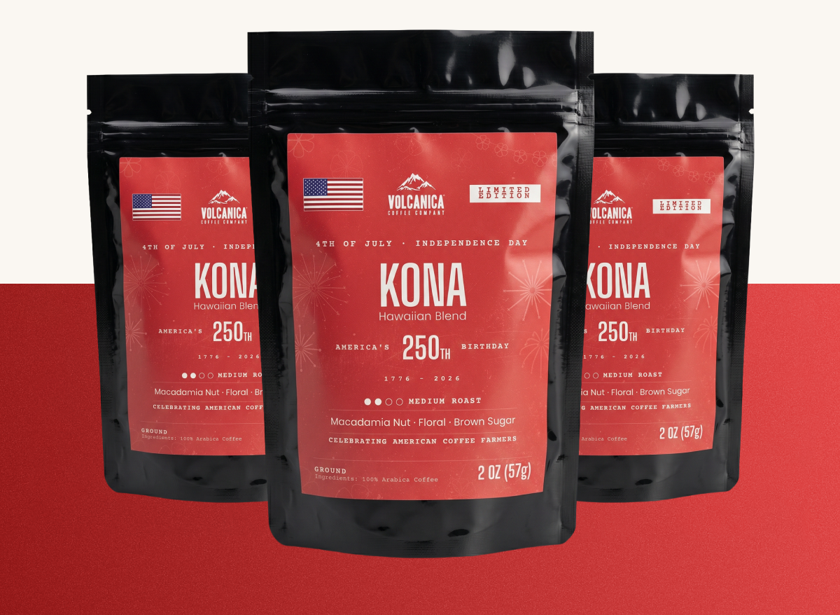 Volcanica limited edition Kona Hawaiian Blend — medium roast, macadamia nut & floral. Celebrating America's 250th.