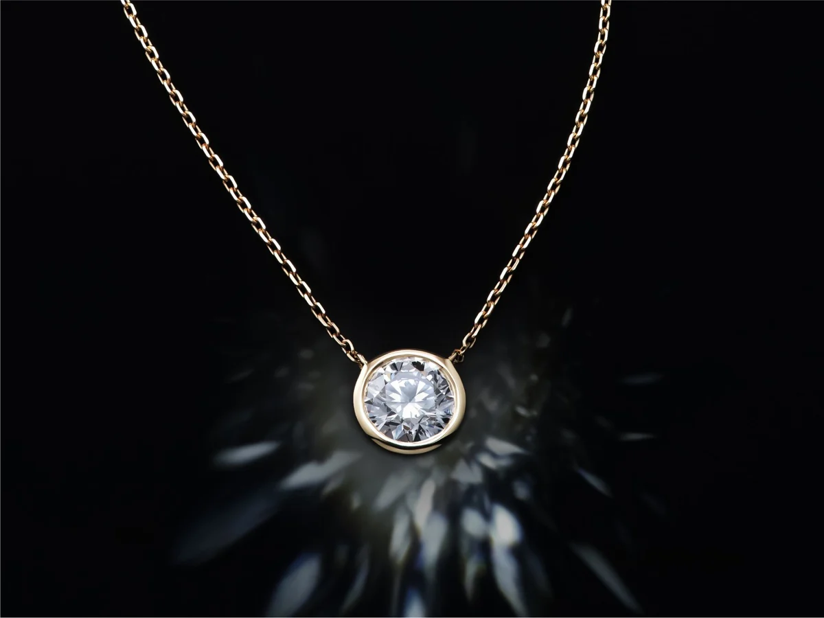 Image of bezel solitaire necklace featuring VRAI created diamond