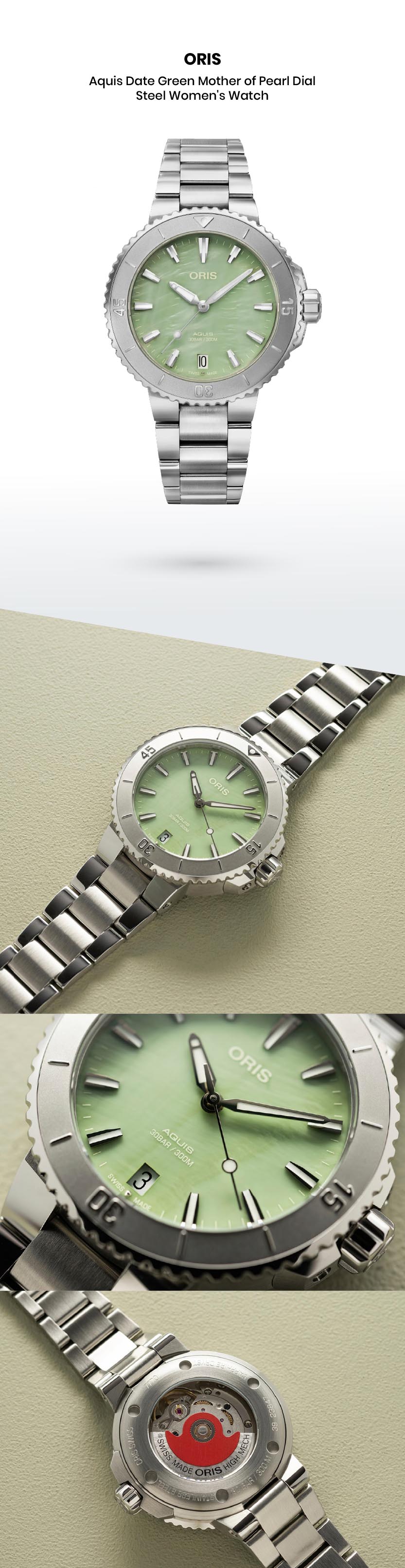 Aquis Date Green Mother of Pearl Dial Steel Women's Watch