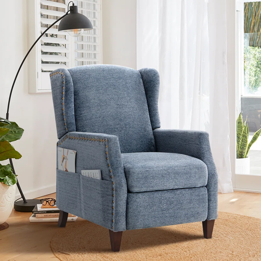 Kars Nail-head Upholstered Push Back Recliner With Storage Pocket