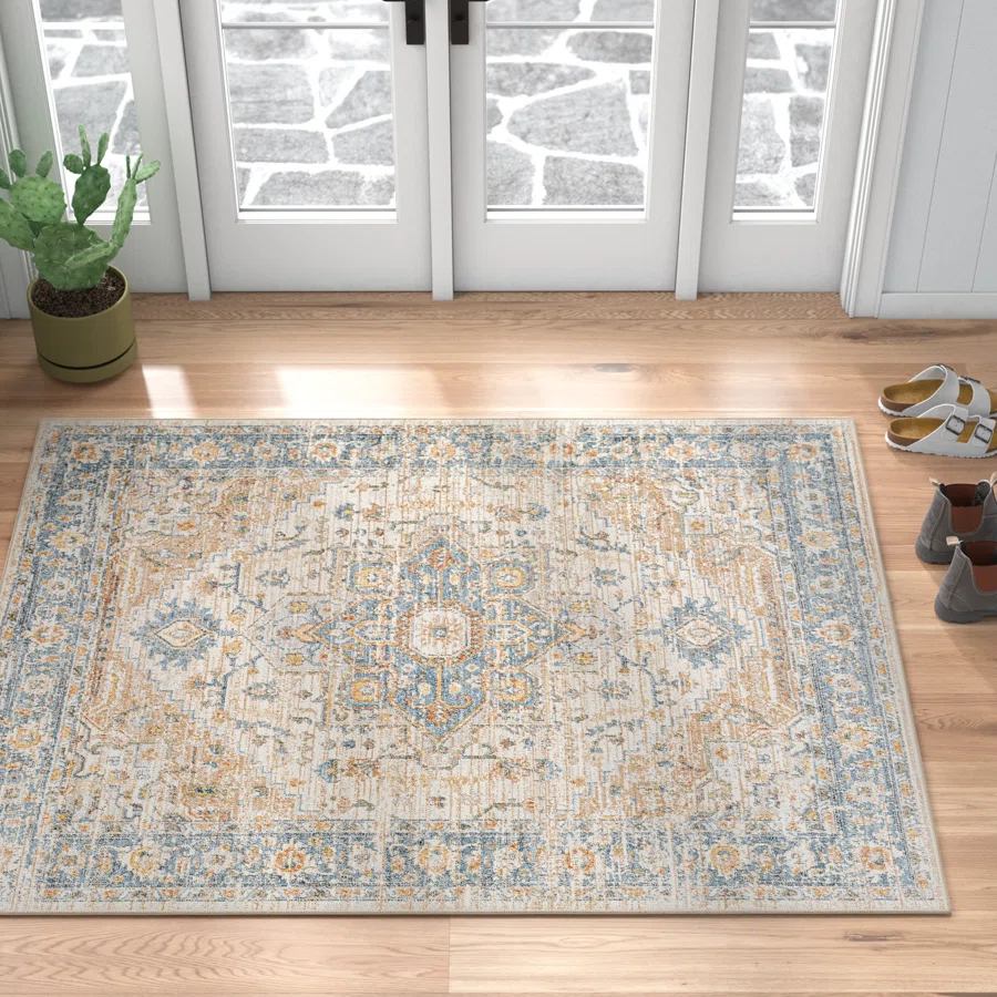 Weber Machine Washable Oriental Ivory/Blue Area Rug