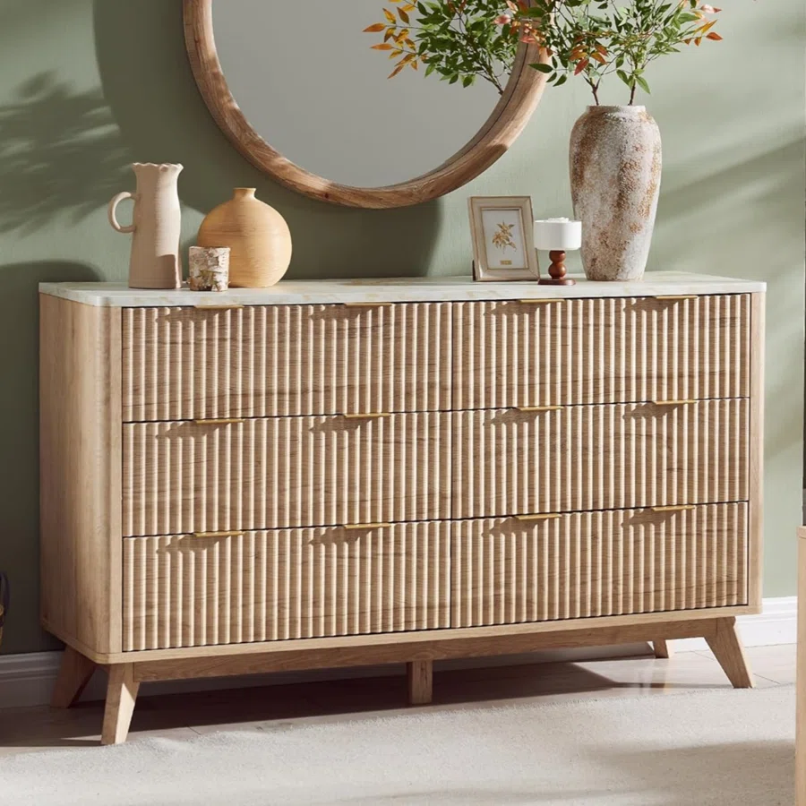 Sladen Fluted Design 6-Drawers Dresser Organizer, Wood Wide Chest of Drawers