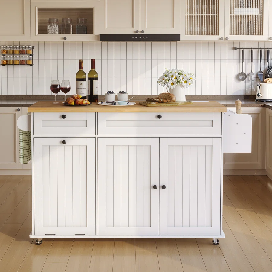 Jamera 60.2"W Kitchen Island with Two Large Storage Cabinets And Drawers, Locking Wheels