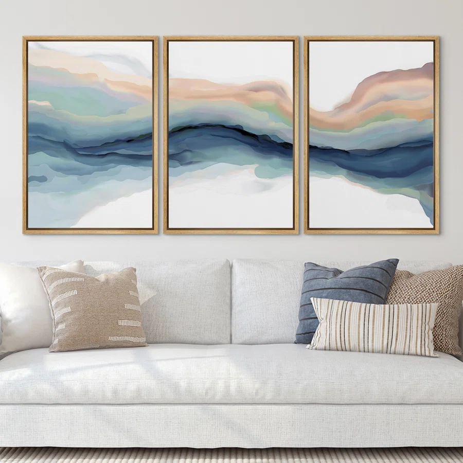 Pastel Watercolor Blue Paint Stroke Abstract Landscape- Framed Canvas Print Wall Art Work Home Decor