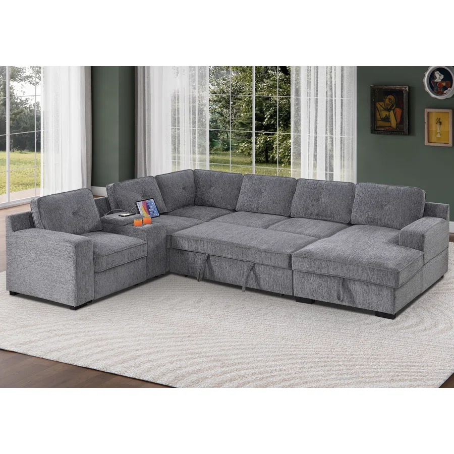 U-Shaped Sectional Sofa Bed Pull Out Sleeper Couch With Storage Chaise