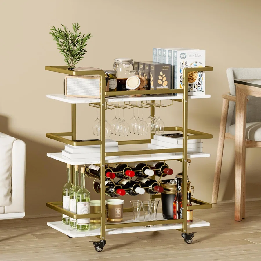 Zoela Metal Golden Bar Cart, 35''x32''x15''