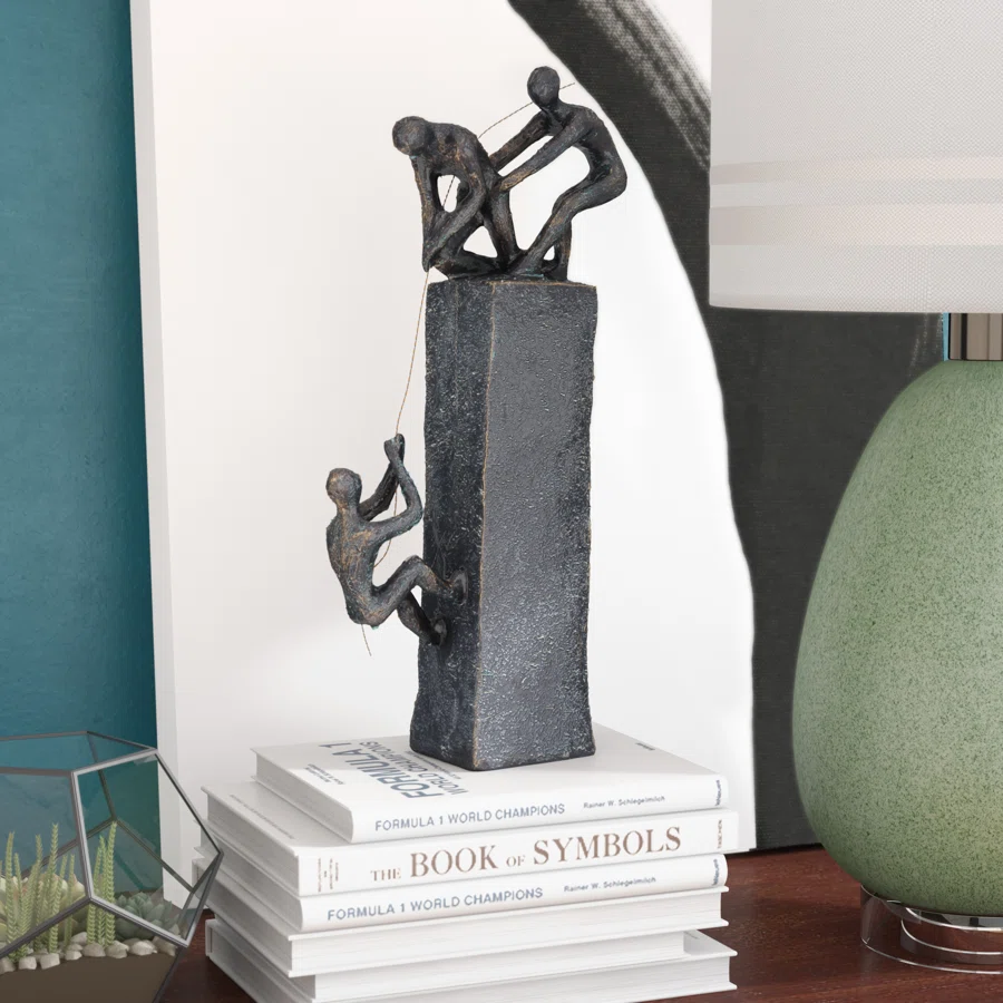 Gray Polystone People Climbing Decorative Sculpture with Bronze Detailing, 7" x 3" x 17"