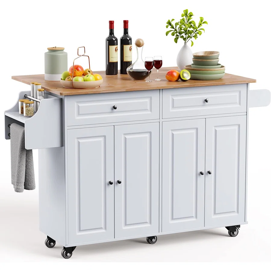 Expandable Solid Wood Kitchen Cart with Drop Leaf, Drawers, Cabinets, Spice Rack, Towel Bar, and Locking Wheels