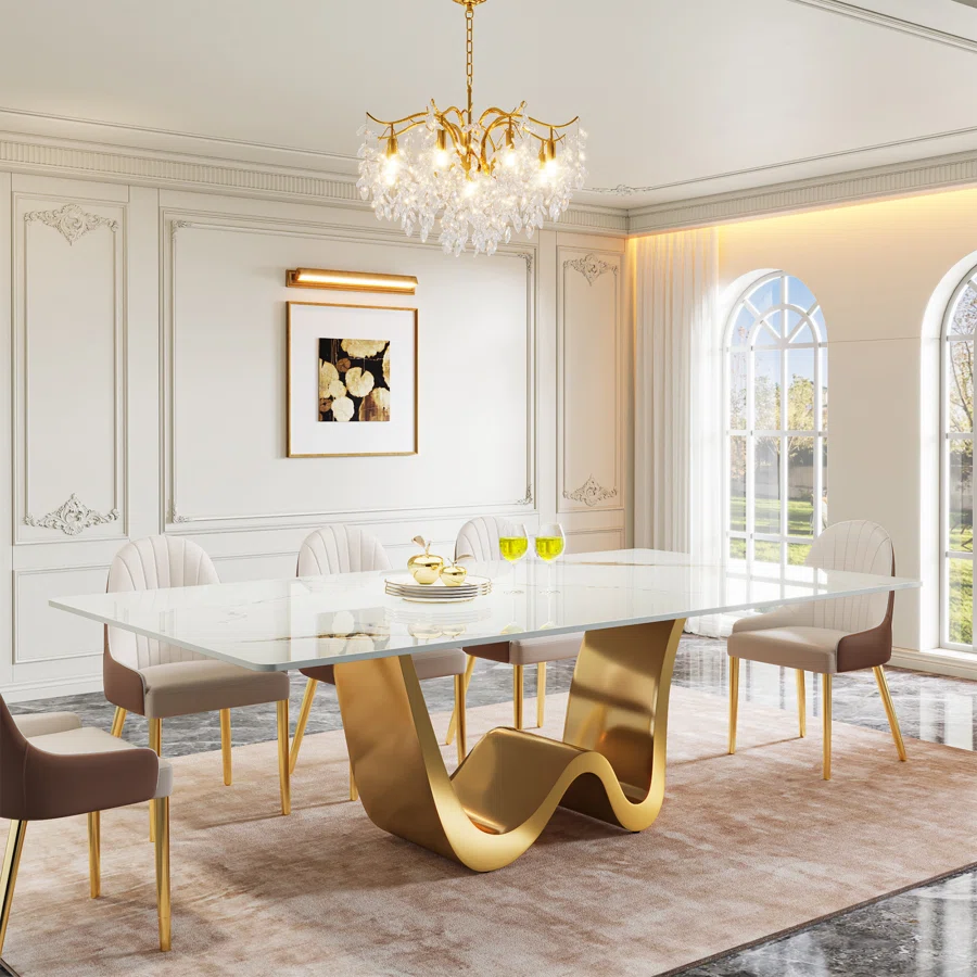 Behesh 78.74" Luxury Rectangle Sintered Stone Dining Table with Stainless Steel Base for 8-10  ( Included Two Packages, One Package for the Table Top and One Package for the Base）