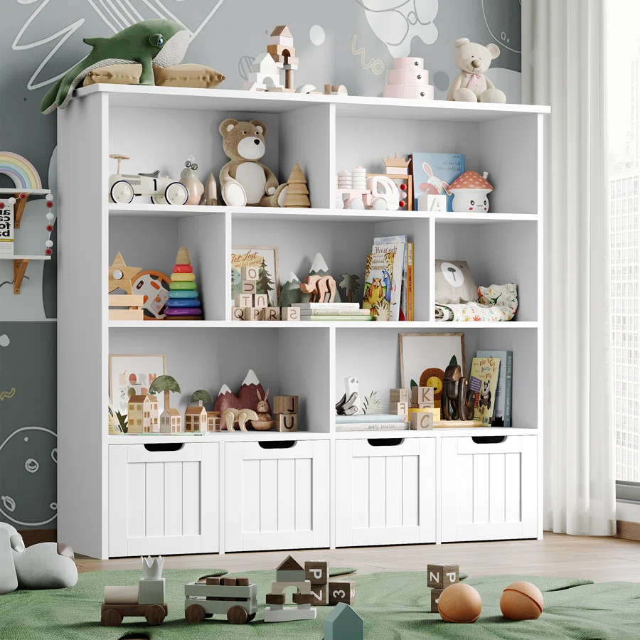 Kirklyn 49.4"W 7 Cube Bookcase, Standard Bookcase With 4 Removable Drawers, Wood Storage Standard Bookshelves