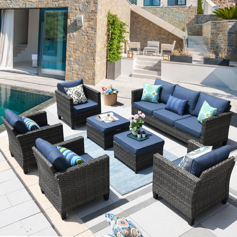 Allcot 7 - Person Wicker Rattan Patio Furniture Set with Throw Pillows, Outdoor Sofa Set with Couch, Chairs, Ottomans and Comfy Cushions