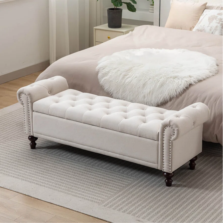 Velvet/Linen Upholstered Storage Bench With Segmented Storage Compartments