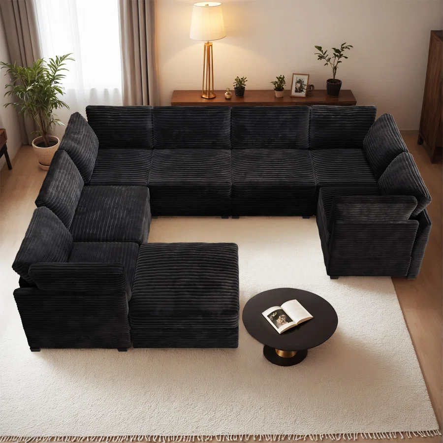 Modular U-shaped Sectional Plush Corduroy Sofa With Movable Ottoman
