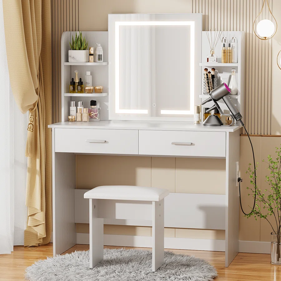 Greyden Vanity Set With LED Mirror & Built-in Outlets