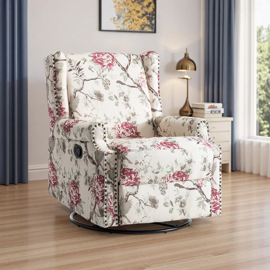 Upholstered Classic Wing Back Manual Handle Swivel Rock Glider Recliner with Naihead Trims