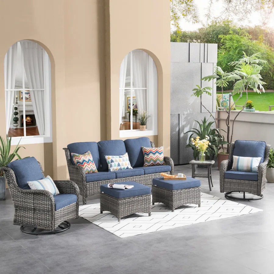 Cracraft 7-Piece Patio Furniture Set with 42" Fire Pit Table, Outdoor Wicker Sofa with Swivel Rocking Glider Chairs, High Back Rattan Conversation Set for Patio, Deck, Backyard, and Front Porch